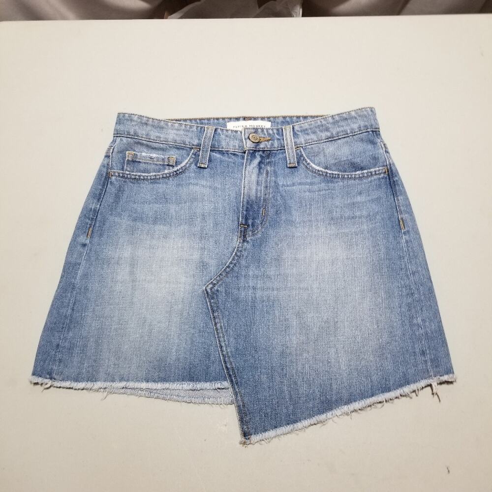 Flying Monkey Jean Skirt 28 Denim Mini Asymmetrical Hem Fringe